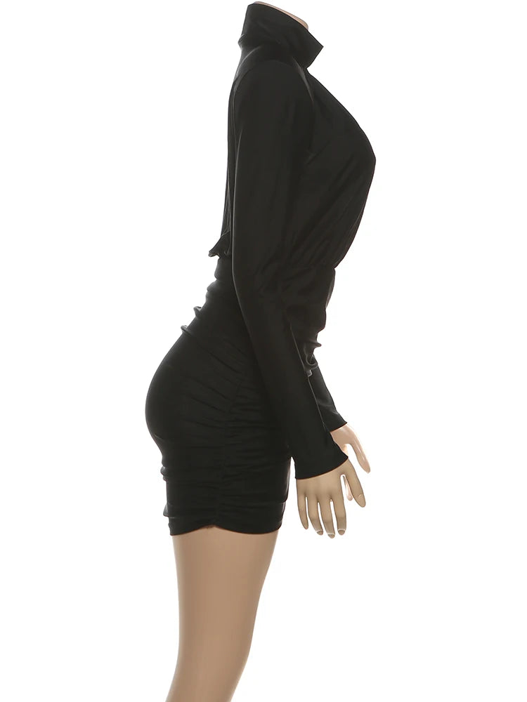Nibber Classic Turtleneck Dress Women Shoulder Padded Ruched Sexy Office Commute Simple Peach Hip Skinny Elegant Mini Bodycon