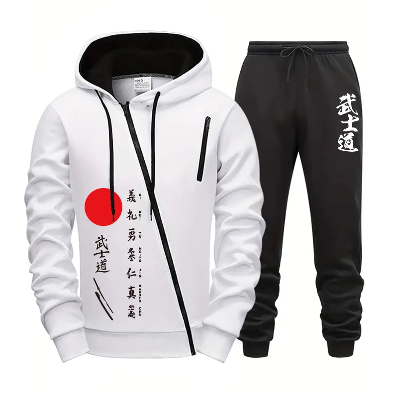 2025 New Arrival Men's Bushido Print Hoodie Sweatpants High Quality Male Outdoor Casual Sport Jogging Suit Motorcycle Zip Outfit