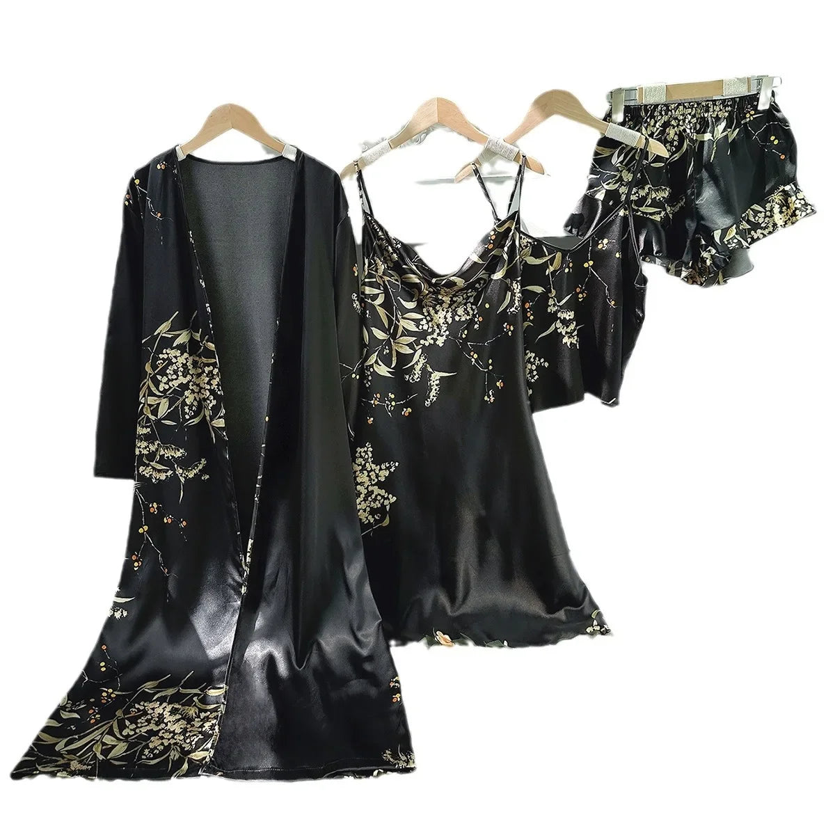 Women's Cherry Print Loungewear 5-Piece Set - Lightweight Robe, Camisole, Shorts & Dress (Minimalist Homewear Collection)