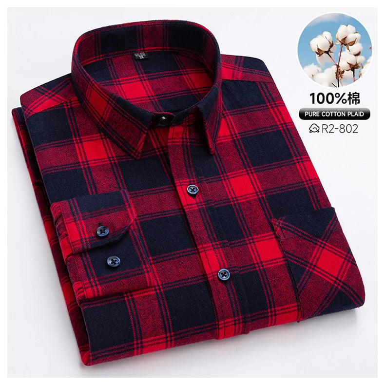 Pure Cotton Men's Plaid Shirts Long Sleeved Regular Fit Casual Office Fashion Shirts Leisure Autumn Male Check Blouses Plus Size