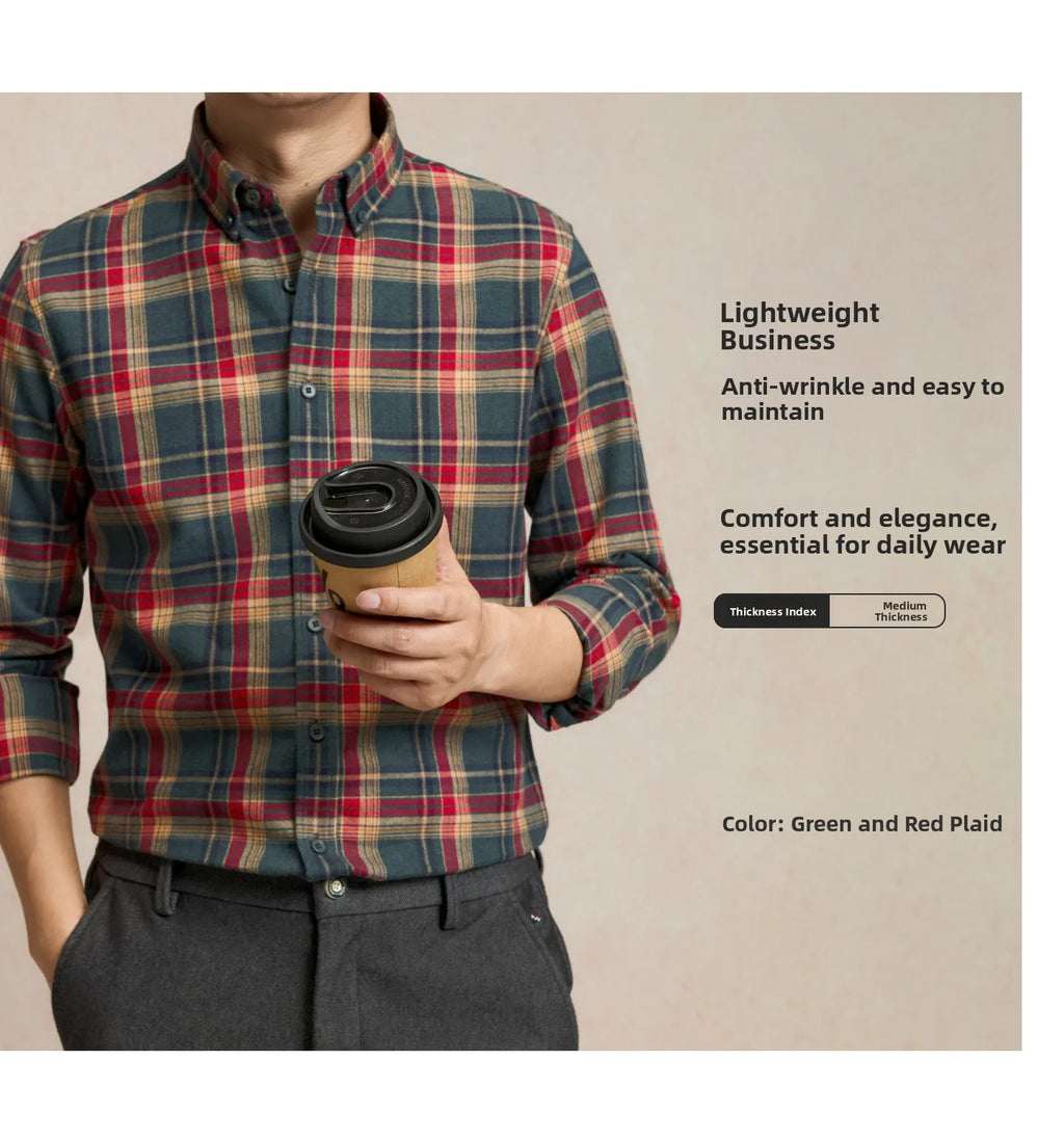 Men's Plaid Long Sleeve Shirt Fleece Finish Casual Style High End Feeling Autumn Winter Collection Fashionable Youth Urban Wear