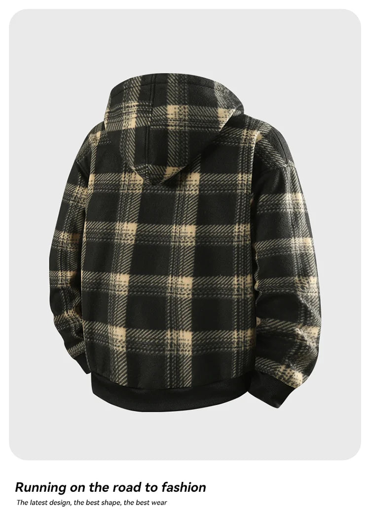 Men's New Plaid Hooded Jacket Sweater Autumn/Winter Fleece Coat Thickened Warm Casual Clothing Windproof Outerwear