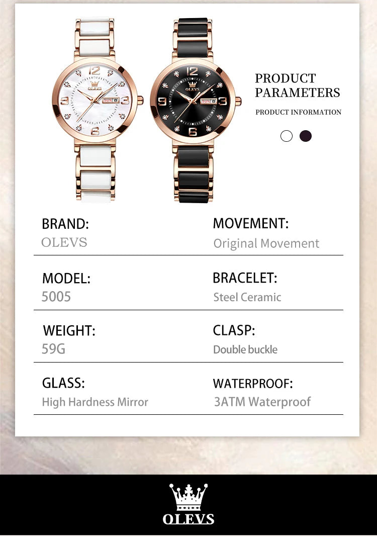 OLEVS New Ceramics Watchstrap Watch For Women Luxury Business Diamonds Wristwatch Fashion Waterproof Dual Calendar Woman Watches