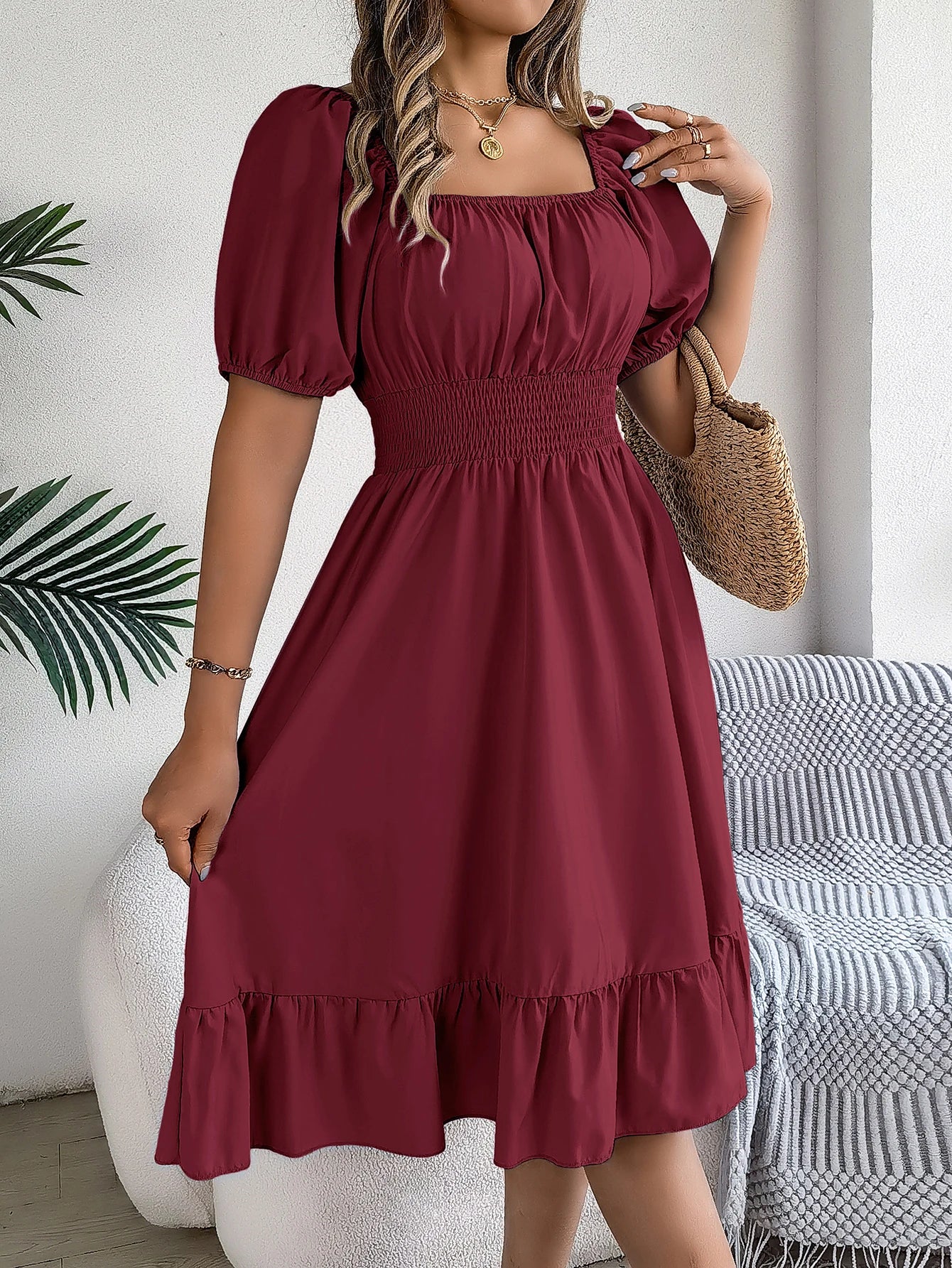 Spring Summer Elegant High Waisted Dress Square Neck Short Sleeved Ruffled Edge Long Dresses for Women 2026 Valentine's Day