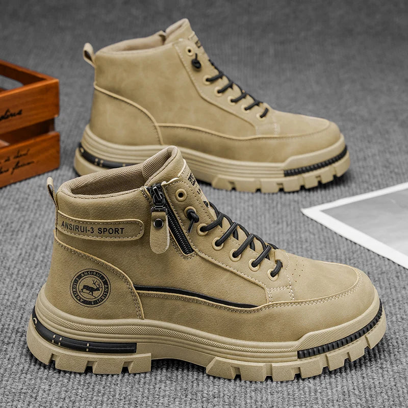 2025 A/W New Men's Mid-High Top Outdoor Work Boots - Zip-Up, Hiking Casual Sports Mountaineering Style