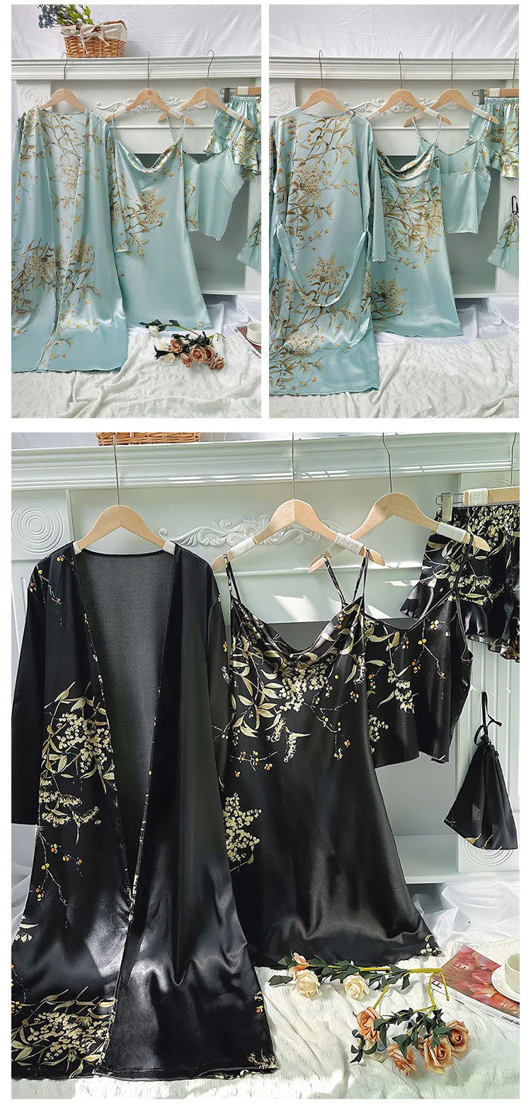 Women's Cherry Print Loungewear 5-Piece Set - Lightweight Robe, Camisole, Shorts & Dress (Minimalist Homewear Collection)