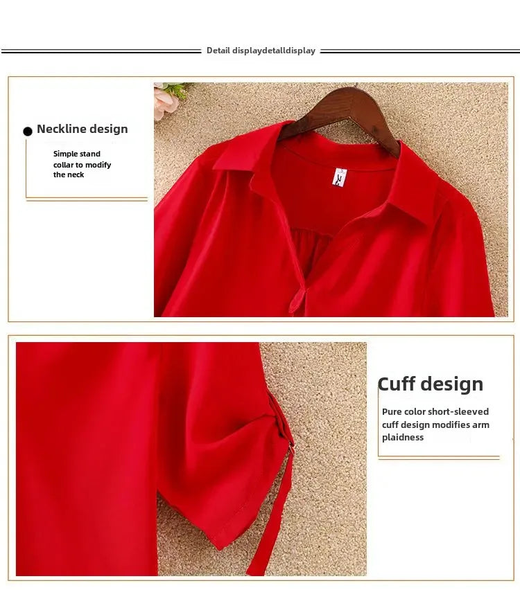 Women's Slimming Chiffon Top 2024 Summer New Style Medium-Length Short Sleeves Plus Size Loose-Fit Waist-Fitted Shirt