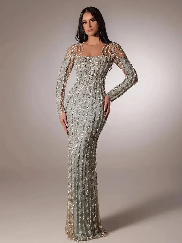 SERENE HILL Arabia Gray Mermaid Floor Length Luxury Beaded Cut Out Evening Dresses Gowns For Women Wedding Party 2024 CLA72292