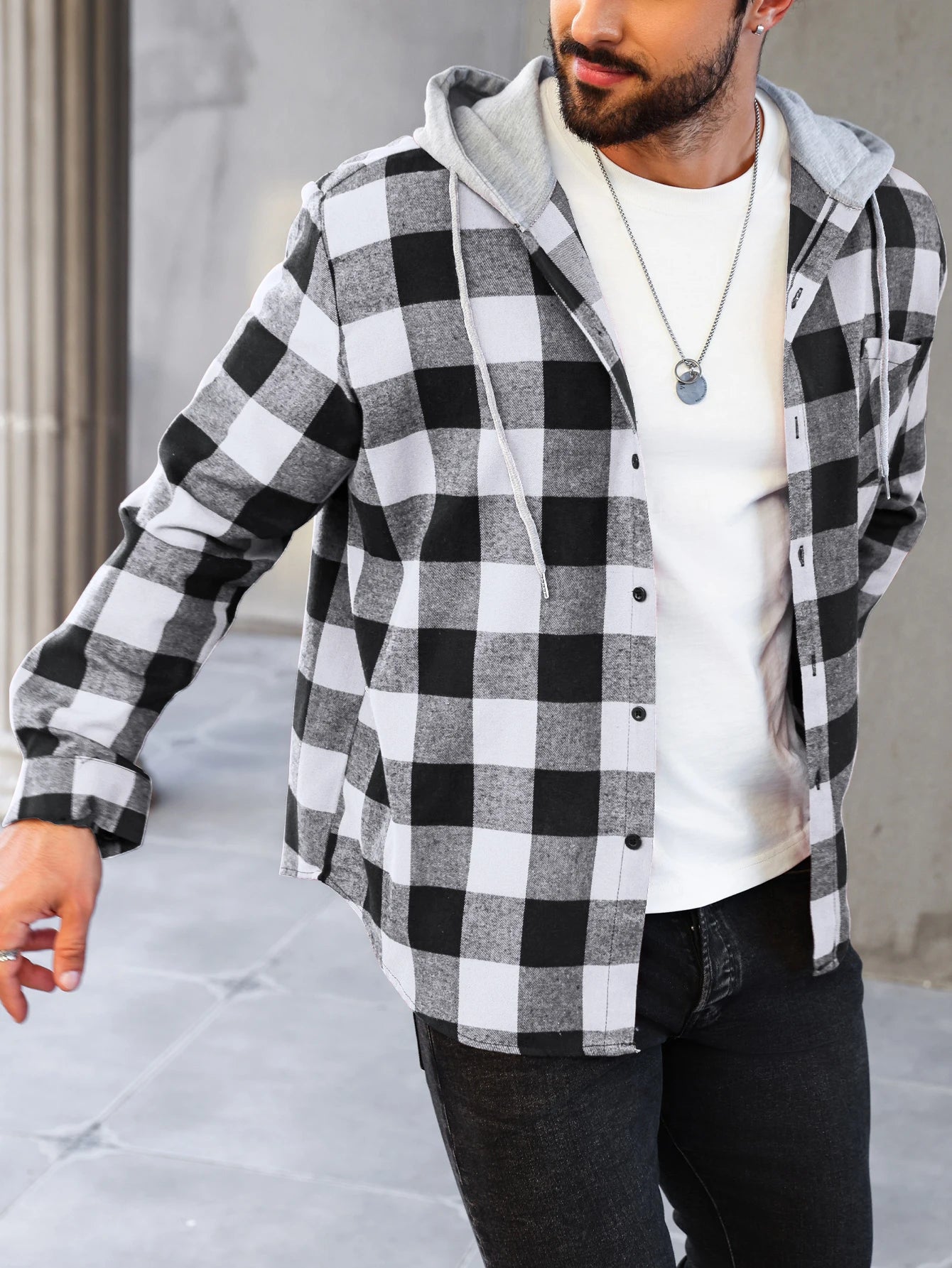 Mens Colorful Plaid Hooded Cardigan Color Block Sweatshirt with Pockets Top Jacket