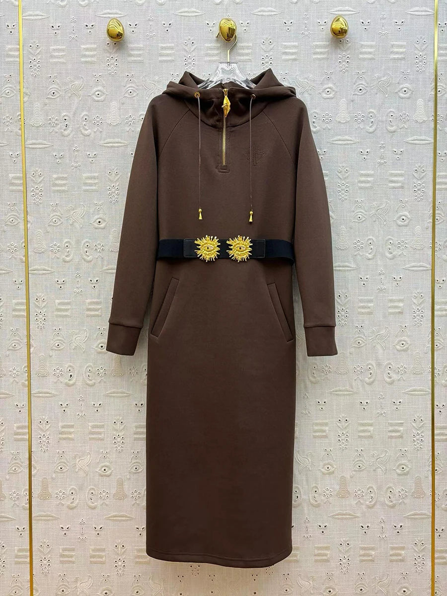 GALCAUR Solid Spliced Sashes Chic Dress Female Hooded Long Sleeve Loose Elegant Casual Women's Dresses Autumn Fashion New Style