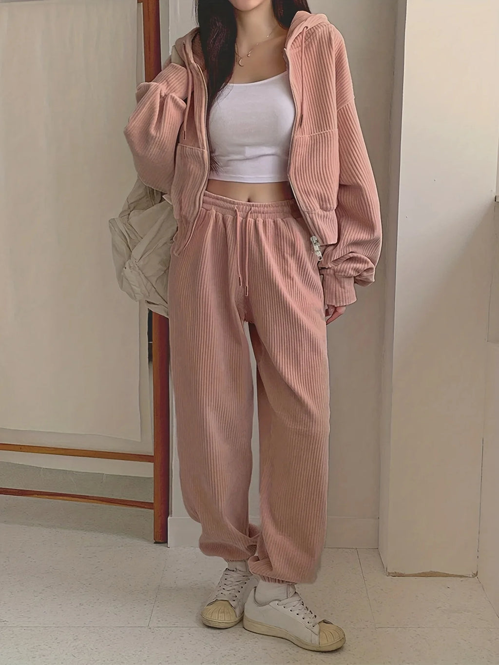 Ladies Casual Sport Two-Piece Set Hoodie And Pants with Drawstring Tightening Design Solid Color