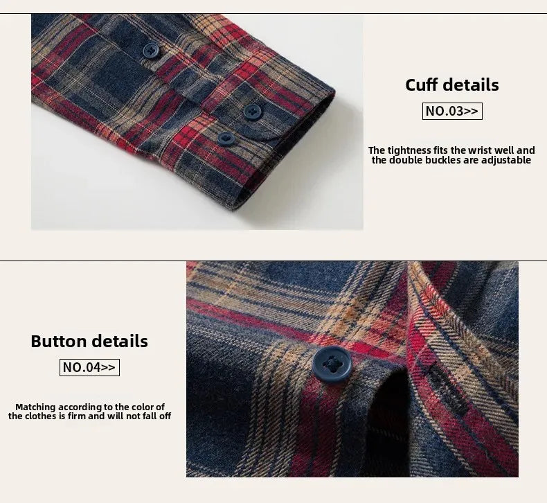Pure Cotton Flannel Plaid Long Sleeve Casual Shirt for Men Spring Autumn New Style Retro Cross-Border Checkered Shirt