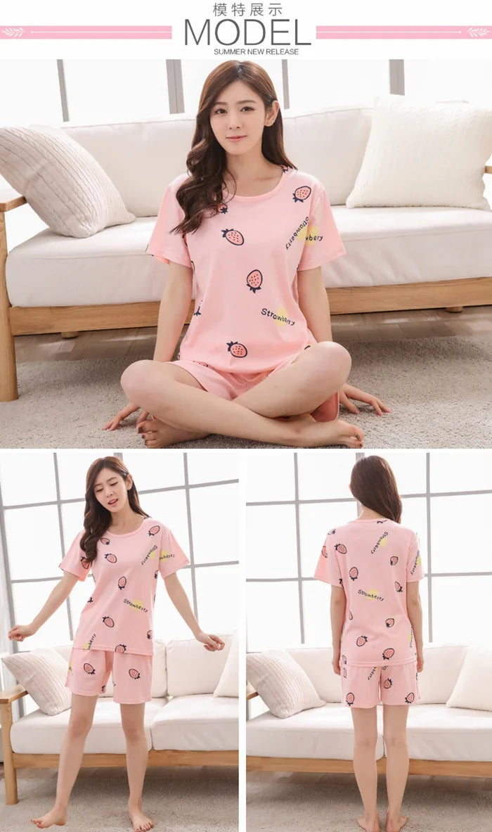 Women Thin Cute Sleepwear 2PCS Shirt Shorts Pajamas Set Nightwear Cartoon Intimate Lingerie Pyjamas Female Homewear Gift Tops