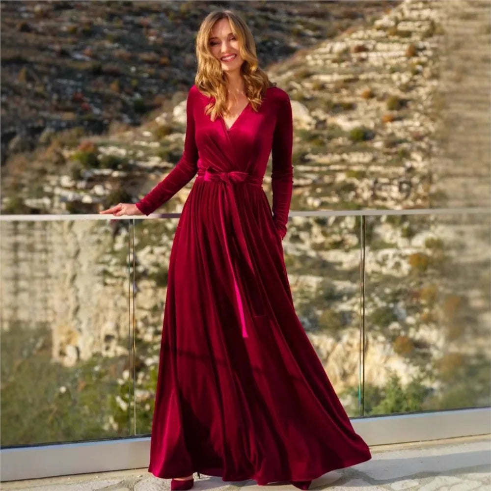 Elegant Women's German Velvet Long Sleeve Dress Autumn Winter New Slim Fit Fashion Waist Tie Female Bridesmaid Long Pocket Dress