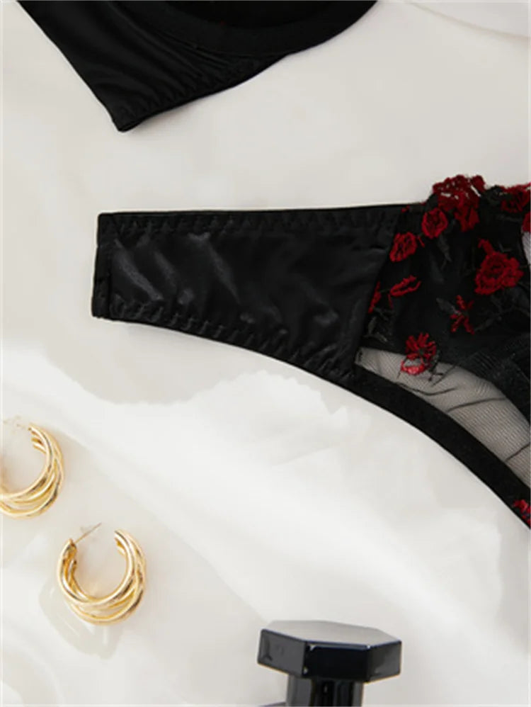 Sexy Women Lingerie Steel Ring Bra and Panty Set Red Floral Embroidery Lace Lingerie Intimate Seamless Underwear Three-point Set