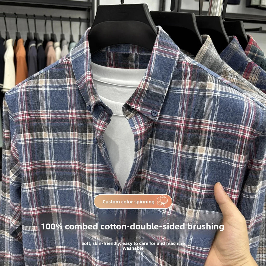 Pure Cotton Flannel Plaid Long Sleeve Casual Shirt for Men Spring Autumn New Style Retro Cross-Border Checkered Shirt