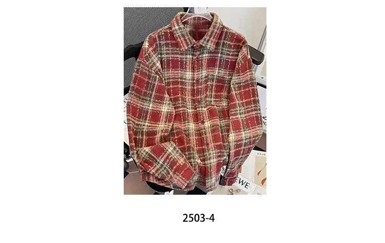 Retro American Plaid Long Sleeve Shirt Women's Lazy Style Loose Slimming Versatile Flannel Coat with Pocket Full Length Button u