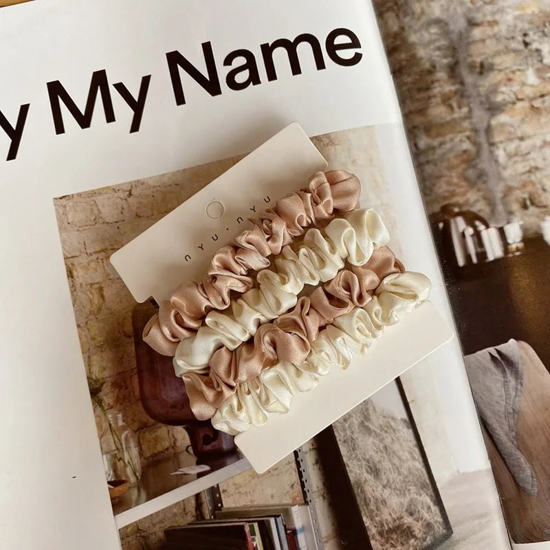 4pcs Real Silk Skinnies Small Scrunchie Set Hair Bow Ties Ropes Bands Skinny Scrunchy Elastics Ponytail Holders for Women Girls