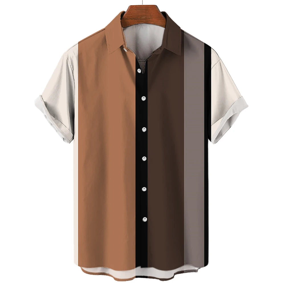 Men's Hawaiian Shirt Summer Stripes Print Short Sleeve Top Tees Fashion Casual Social Shirts Lapel Button Oversized Men Clothing