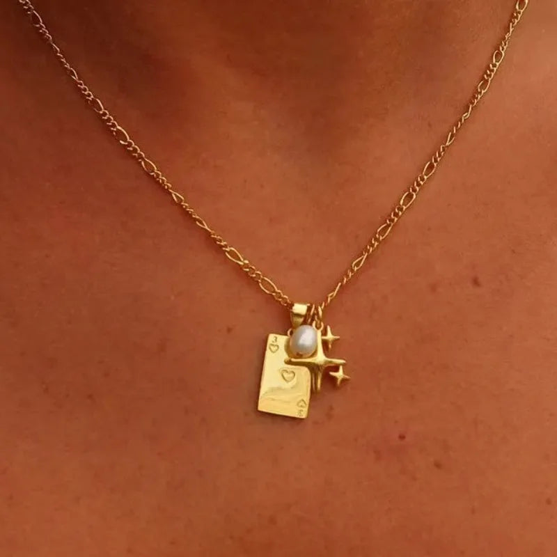 18K Gold Plated Stainless Steel Freshwater Pearl Star Poker Necklace Guardian Tarot Card Pendant Necklaces Best Jewelry Gifts