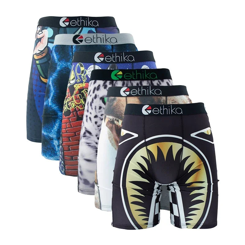 ETHIKA 6Pcs Men Underwear Boxers Breathable Man Swimming Underpants Plus Size Print Mens Panties Trunks Sexy Men's Boxershorts