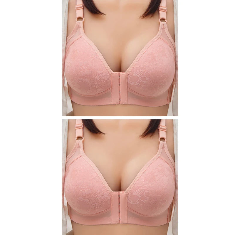 2pcs Womens Front Clasp Full Cup Bras No Steel Ring Support Lace Bralettes Large Size Mom Brassiere Comfort Ventilate Underwears