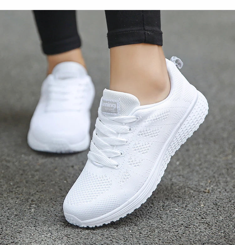 Women's Lace-up Casual Shoe Mesh Flat Shoes for Woman Summer Breathable White Sneakers Women's Vulcanized Sneakers Tenis Walking