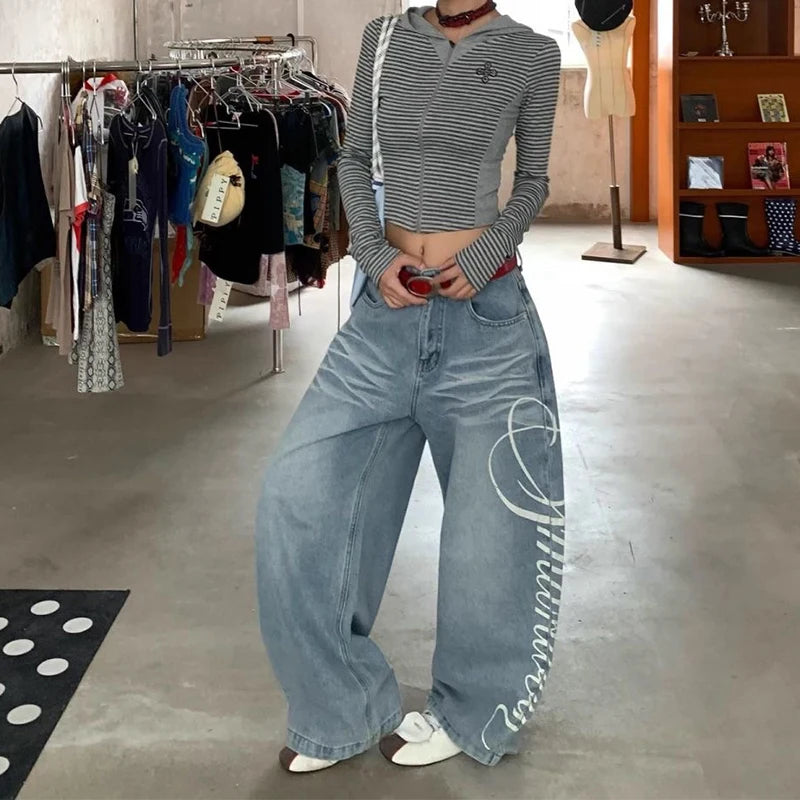 Women Blue Y2k Baggy Boyfriend Jeans Harajuku Vintage Wide Leg Denim Trousers Japanese 2000s Style Jeans Pants Oversize Clothes