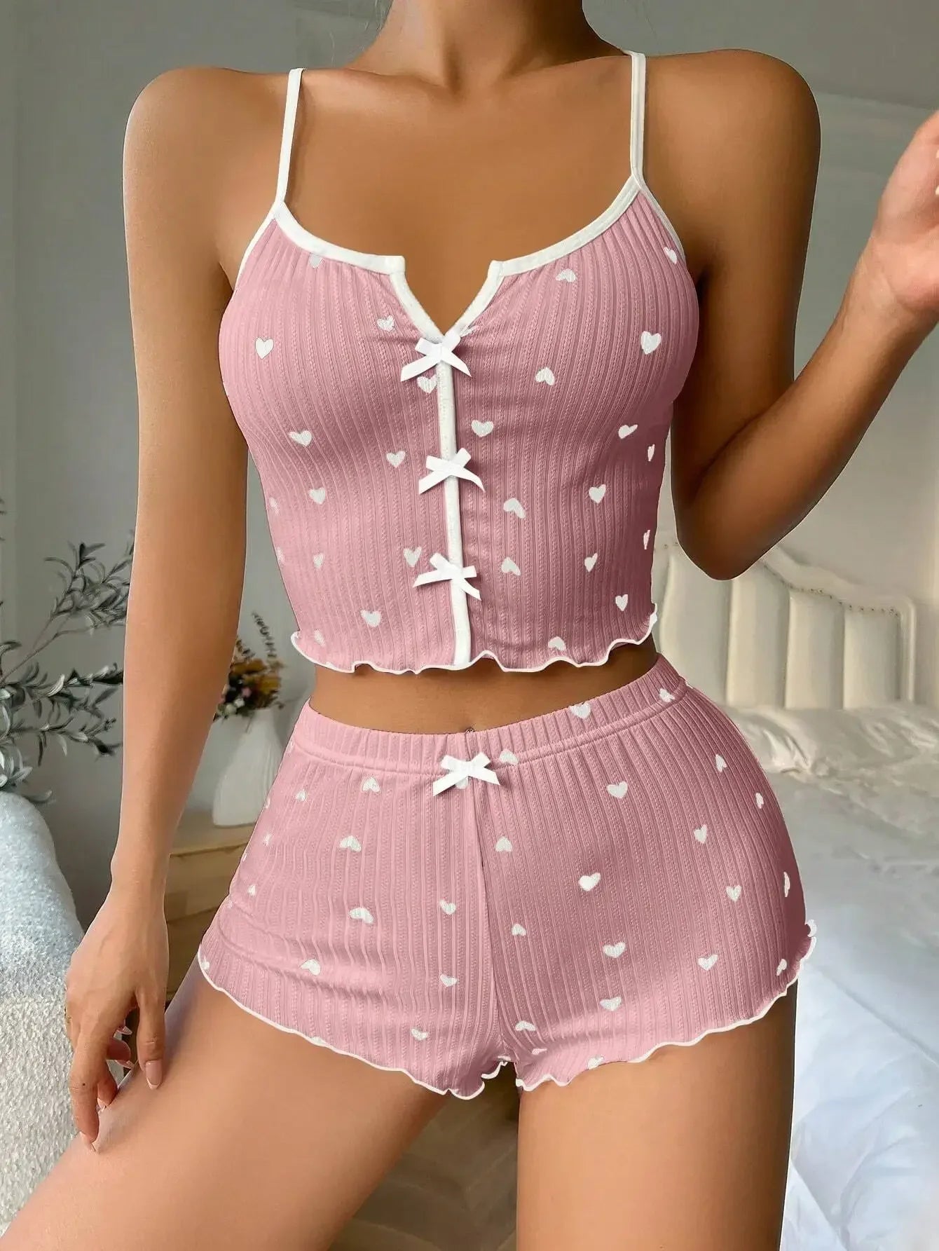 Sexy Lingerie Sleepwear for Women Pajamas Set Heart Print V-Neck Sleeveless Casual Cami Top and Shorts Sets Loungewear