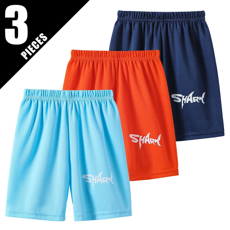 2/3pcs Children's Solid Color Shark Letter Quick-drying Shorts Boys Leisure Aports Running Pants Holiday Beach Hot Pants Student