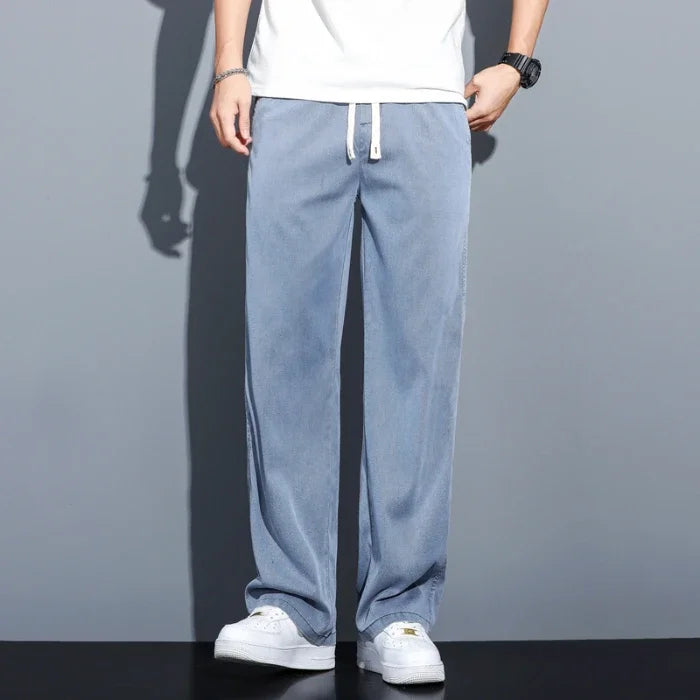 High Quality Summer Lyocell Fabric Men's Jeans Thin Straight Pants Drawstring Elastic Waist Korea Casual Trousers Plus Size