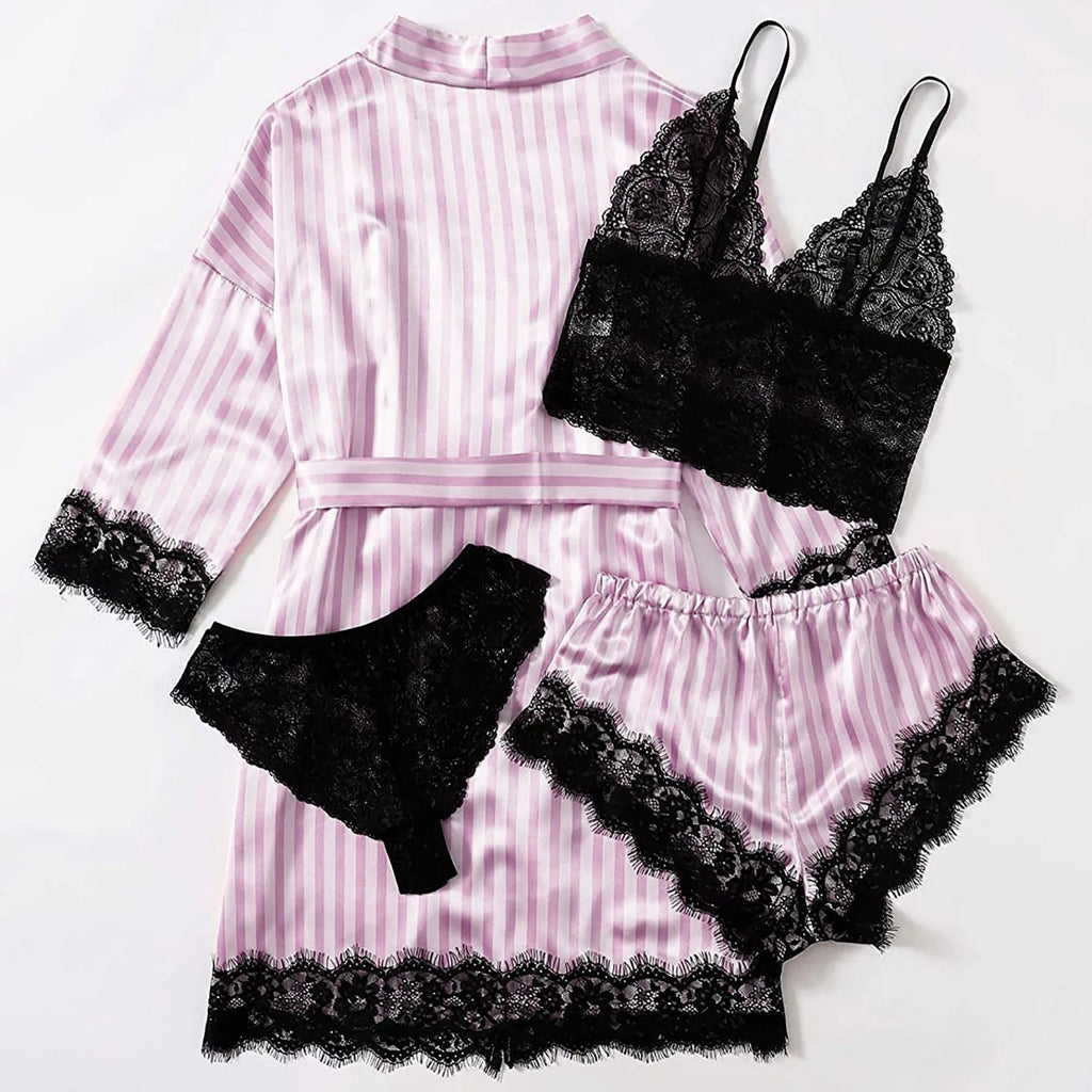 4-Piece Women Sexy Garter Lingerie Set Robes Lace Bodysuit Deep-V Neck Underwear