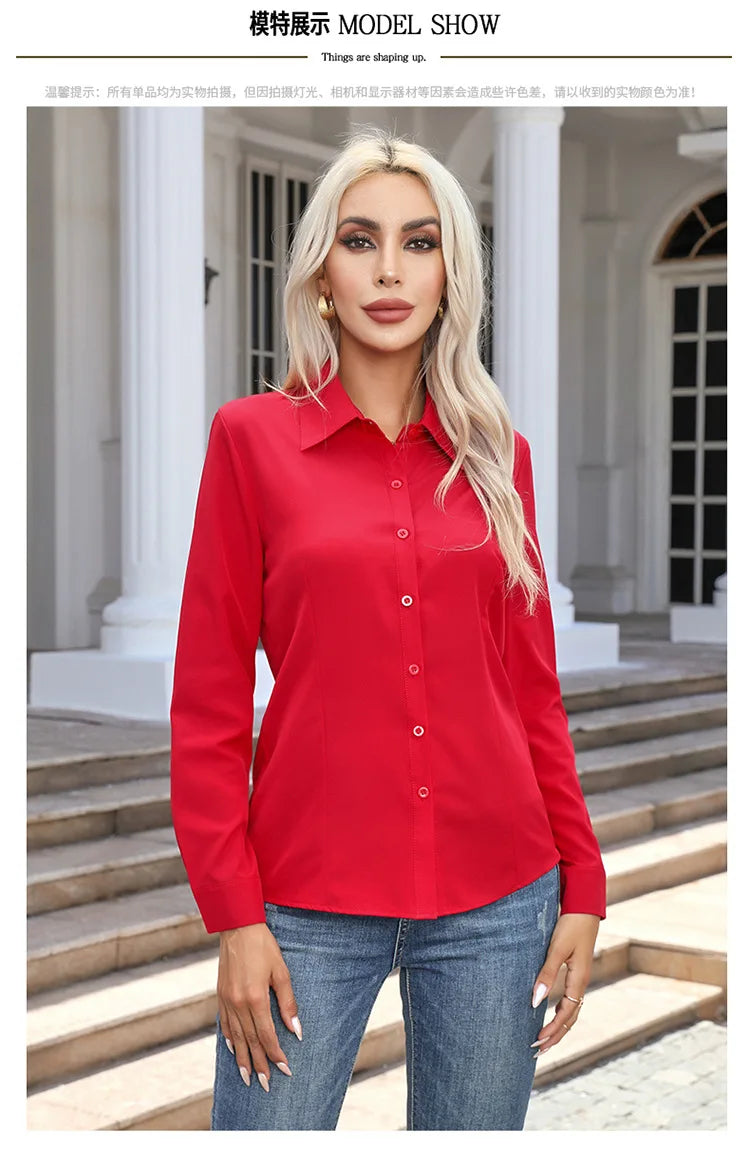 1pcs Woman Spring Autumn Solid color Shirts Lady Casual Long Sleeve Turn-down Collar Loose Shirt Female Fashion Temperament Tops