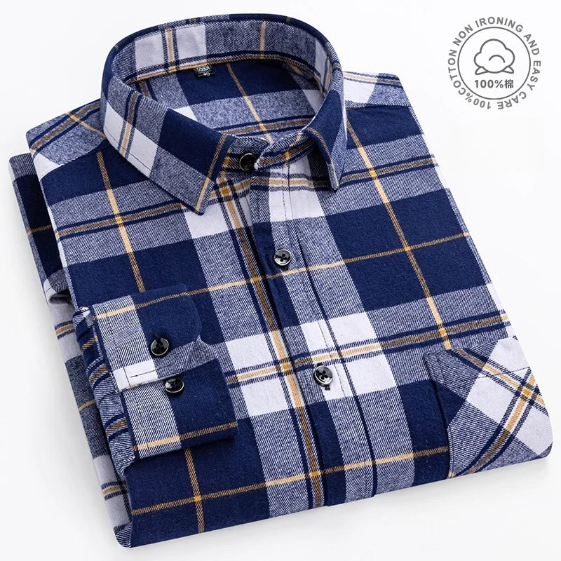 Plaid Flannel Shirts For Men Long Sleeve 100%Cotton Fashion Casual Soft Standard-Fit Man Blouse Clothes Oversize Men's clothing