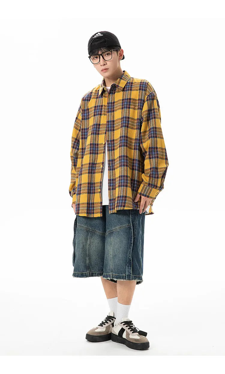 Plaid Shirt with Long Sleeves, Loose Fit, for Casual Men, Harajuku Style, Spring and Autumn Brushed Cotton Shirt.Oversized