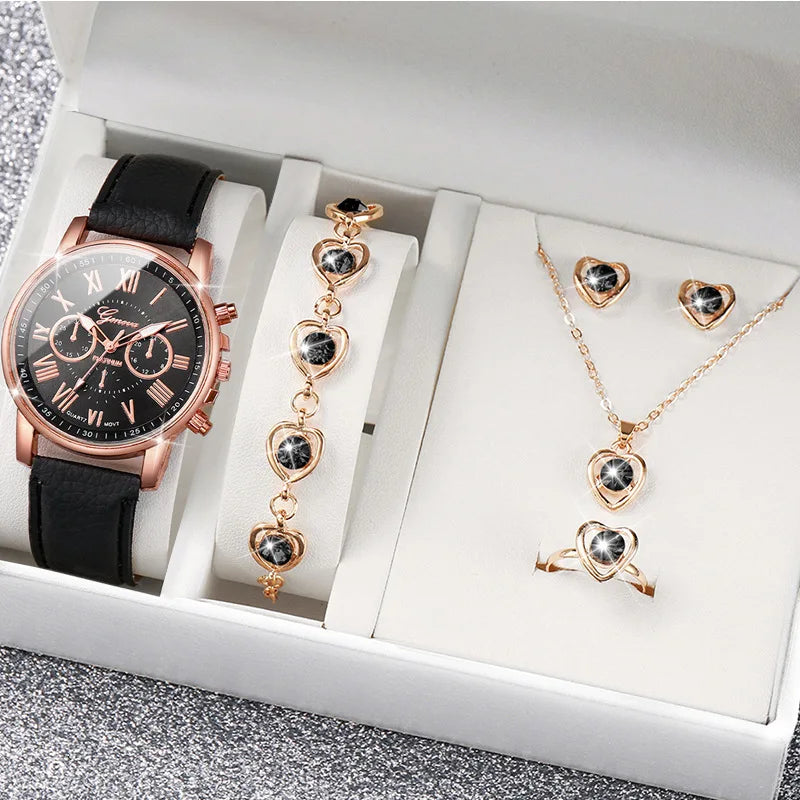 2/6pcs Luxury Watch Set Women Ring Necklace Earrings Rhinestone Fashion Wristwatch Female Casual Ladies Watches Bracelet(No Box)