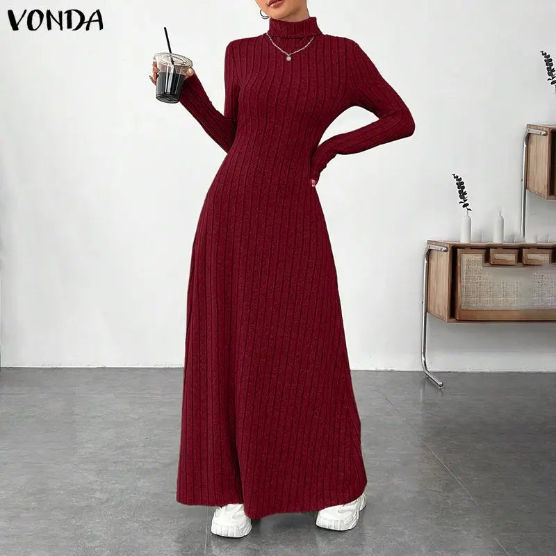 VONDA Women Turtleneck Sweater Dresses Autumn Long Sleeve Knitted Maxi Vestidos Elegant Office Streetwear Solid Party Robe Femme