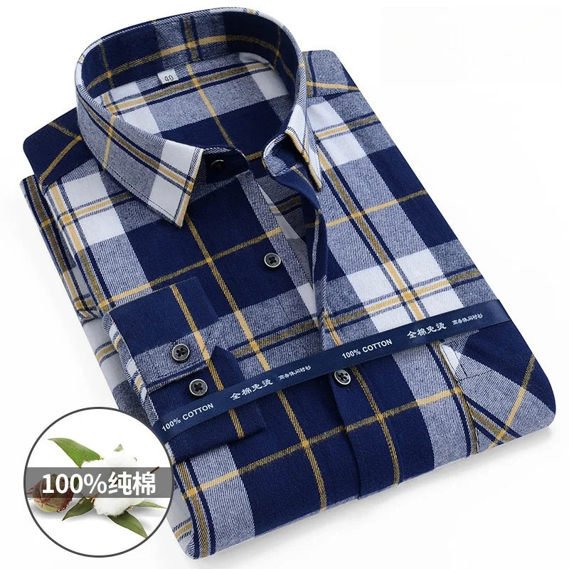 Plaid Flannel Shirts For Men Long Sleeve 100%Cotton Fashion Casual Soft Standard-Fit Man Blouse Clothes Men's clothing 10XL 11XL