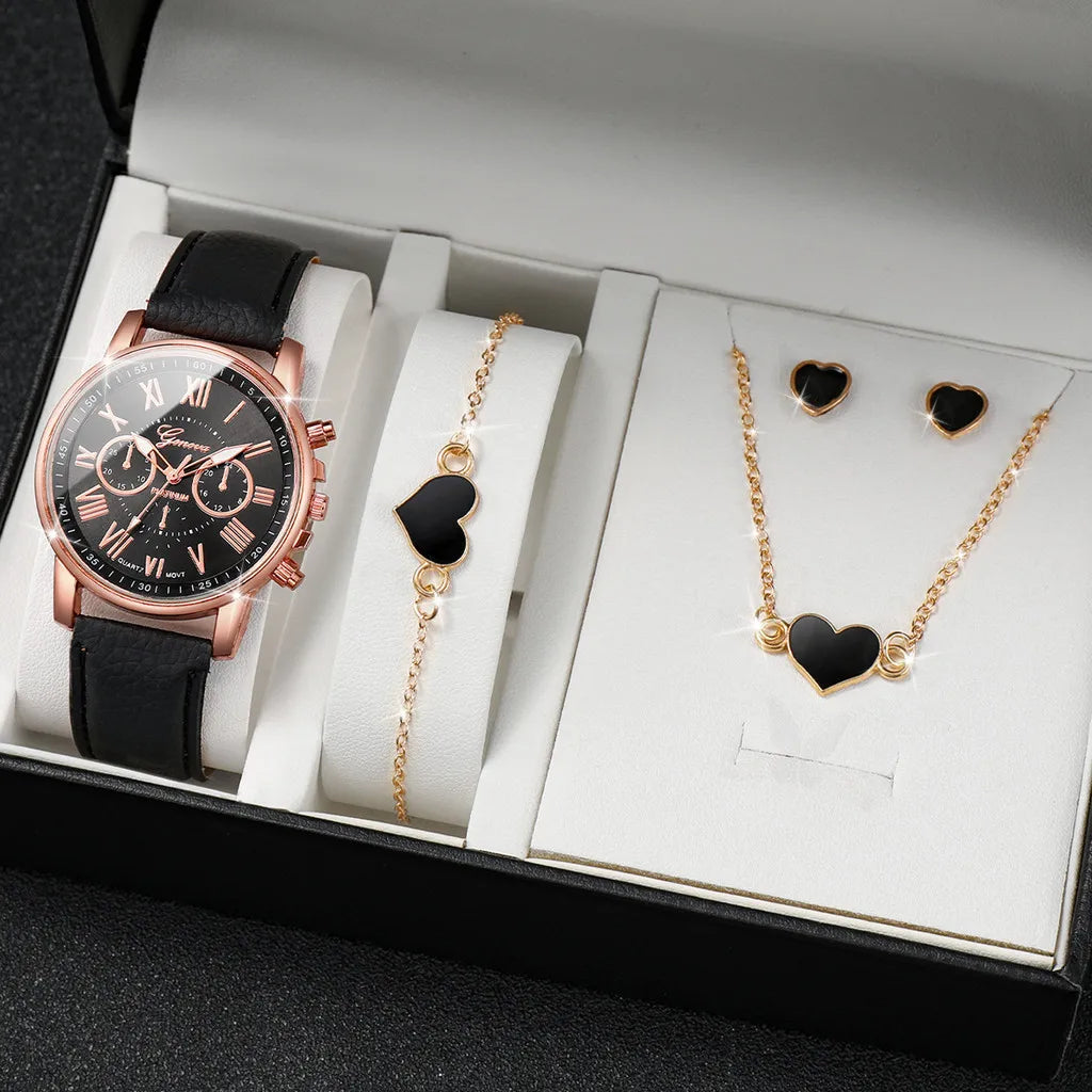 2/6pcs Luxury Watch Set Women Ring Necklace Earrings Rhinestone Fashion Wristwatch Female Casual Ladies Watches Bracelet(No Box)