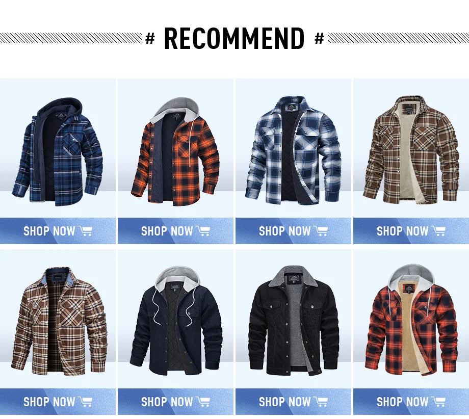 TACVASEN Winter Plaid Cotton Jackets Mens Long Sleeve Quilted Lined Flannel Shirt Jacket Multi-Pockets Outwear Hiking Coats Tops