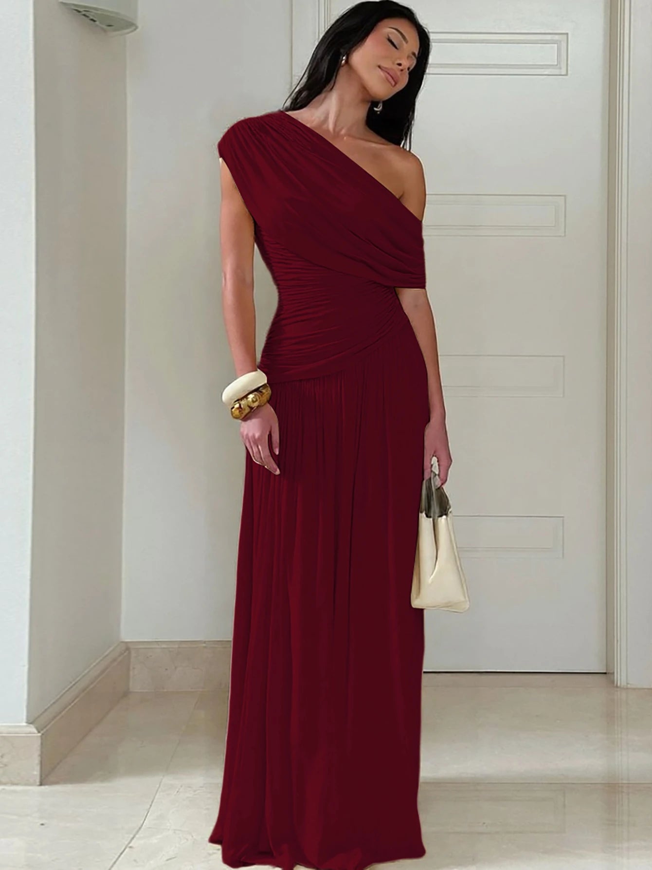 Hugcitar One Shoulder Ruched Sleeveless Solid Pleated Sexy Irregular Y2K Maxi Dress Summer Elegant Party Women Clothes Vacation