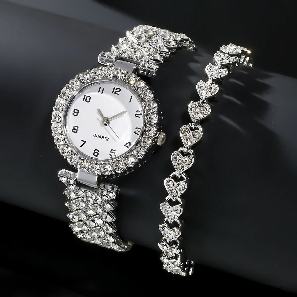 2pcs Luxury Fashion Women Watch Set Silver Strap Ladies Quartz Wristwatch Alloy Bracelet for Ladies Jewelry Set Clock Gift