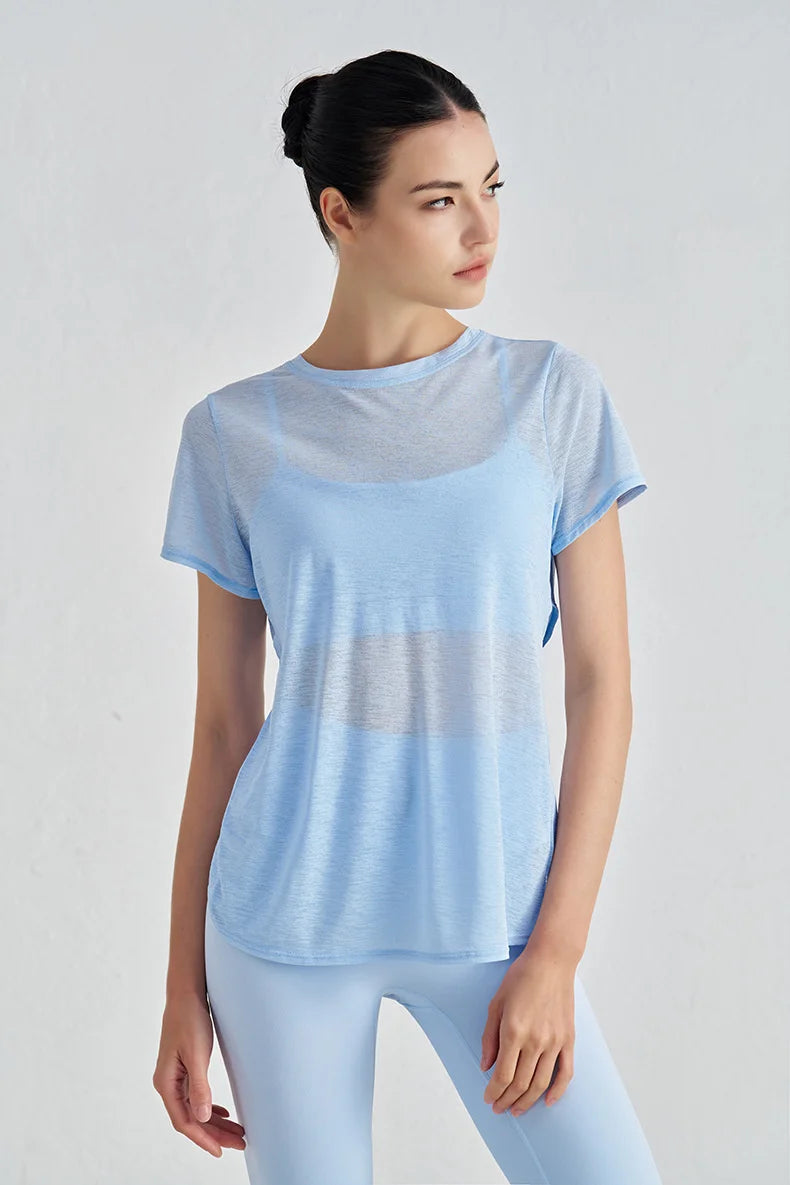 TRY TO BN Gym Tops Women Short Sleeve Sports Fitness Nylon Hollow Back Breathable Women's T-Shirt Training Runing Yoga Clothing