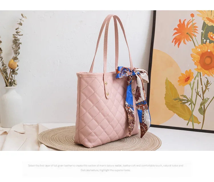 Embroidered Women's Handbag PU Leather Large Capacity Bucket Bag Fashion Beach Tote with Silk Scarf Gift Elegant Daily Use Purse