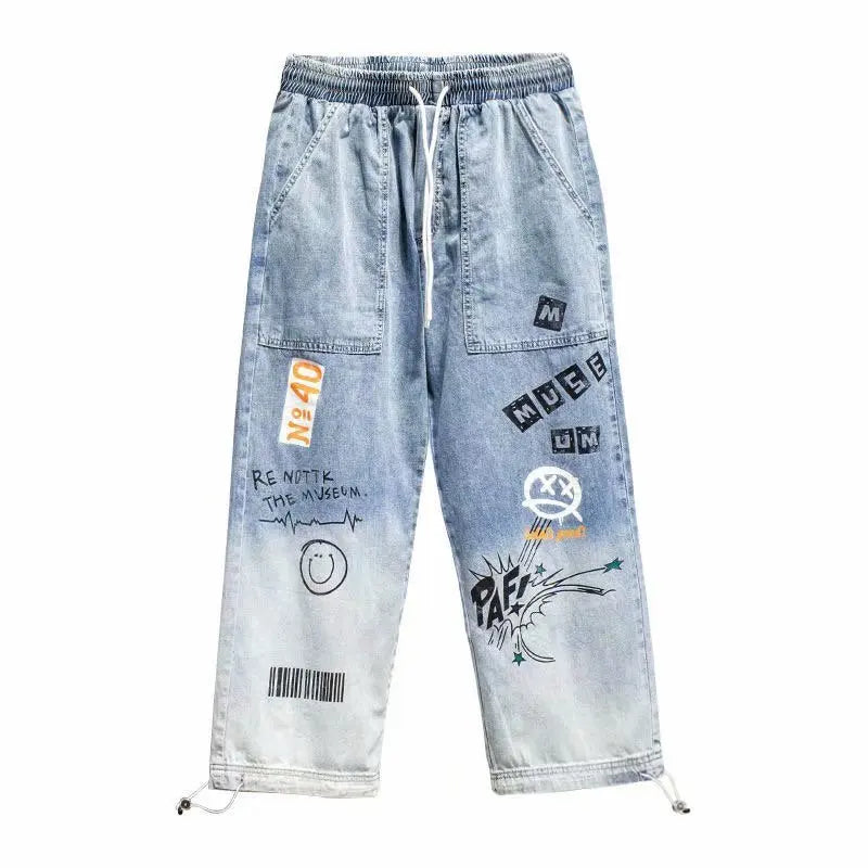 Korean Clothing  Men Letter Printed Jeans High Waisted Baggy Jeans Cartoon Graffiti Hip-Hop Pants Blue Jeans