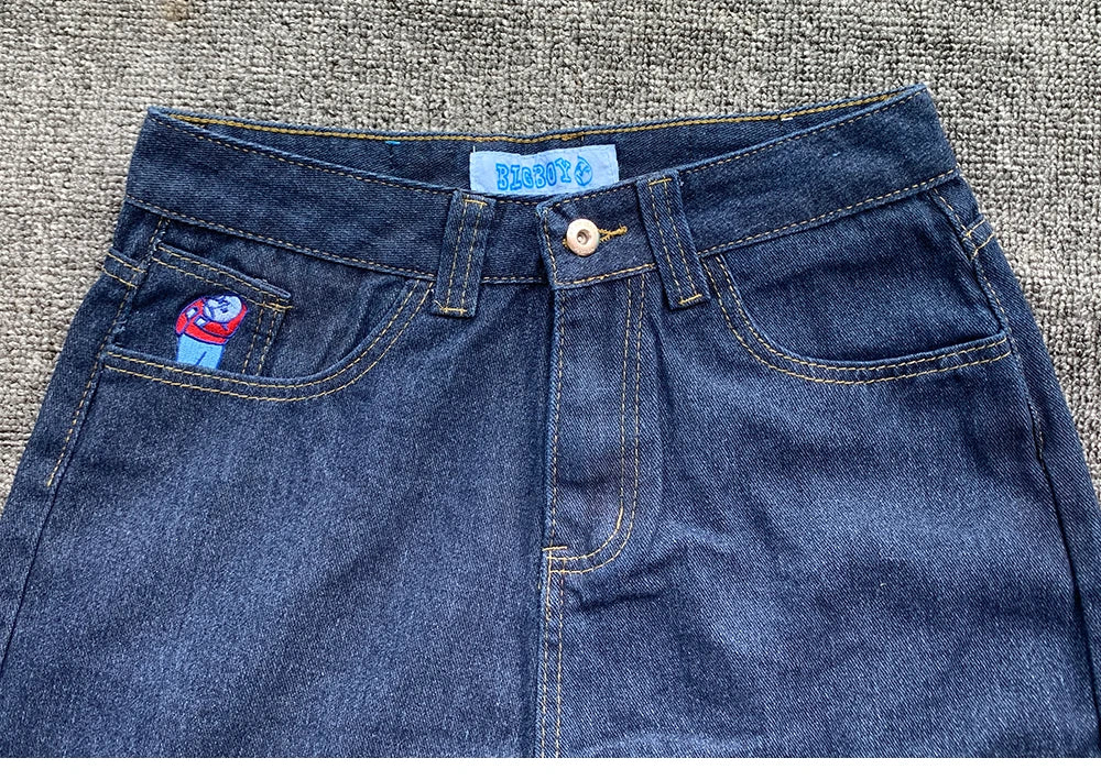 Y2K Embroidery Baggy Boy Jeans Women Streetwear Gothic Cartoon Blue Straight Jeans Retro Punk Rock High Waist Denim Trousers