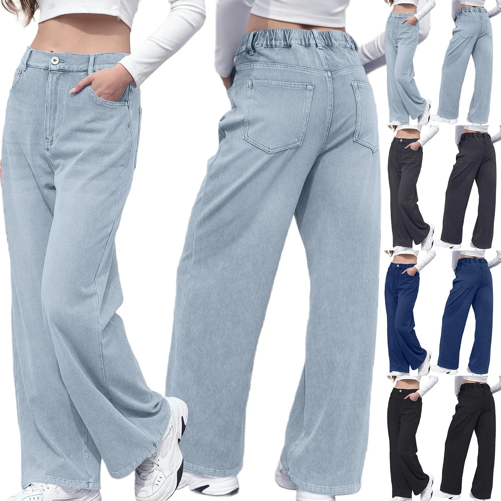 New Y2K Washed Blue Straight Loose Fit High Waist Hole Trousers Pants Women's Jeans Fashion Personality To Do Old Denim