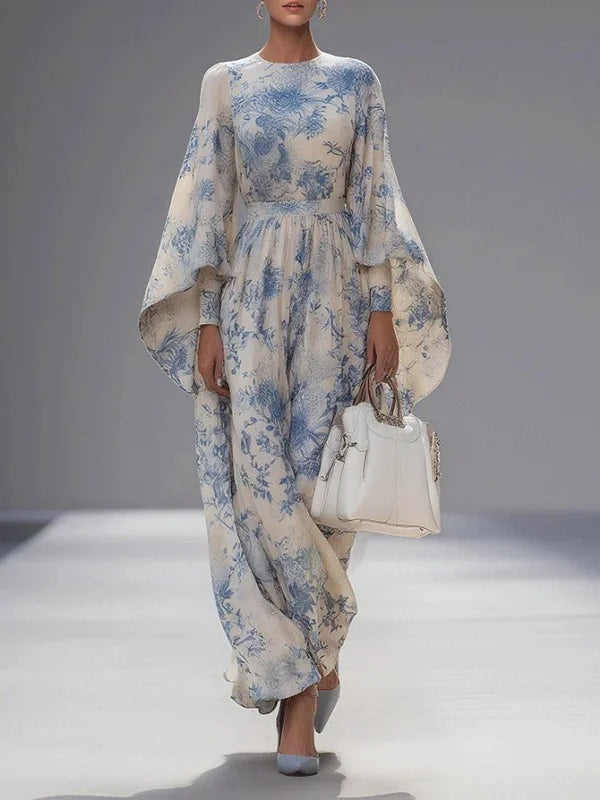 Tinaa Sky Blue Flower Print Long Dresses for Women 2026 Spring Summer New Loose Fit Batwing Sleeve O Neck Elegant Dress 196197