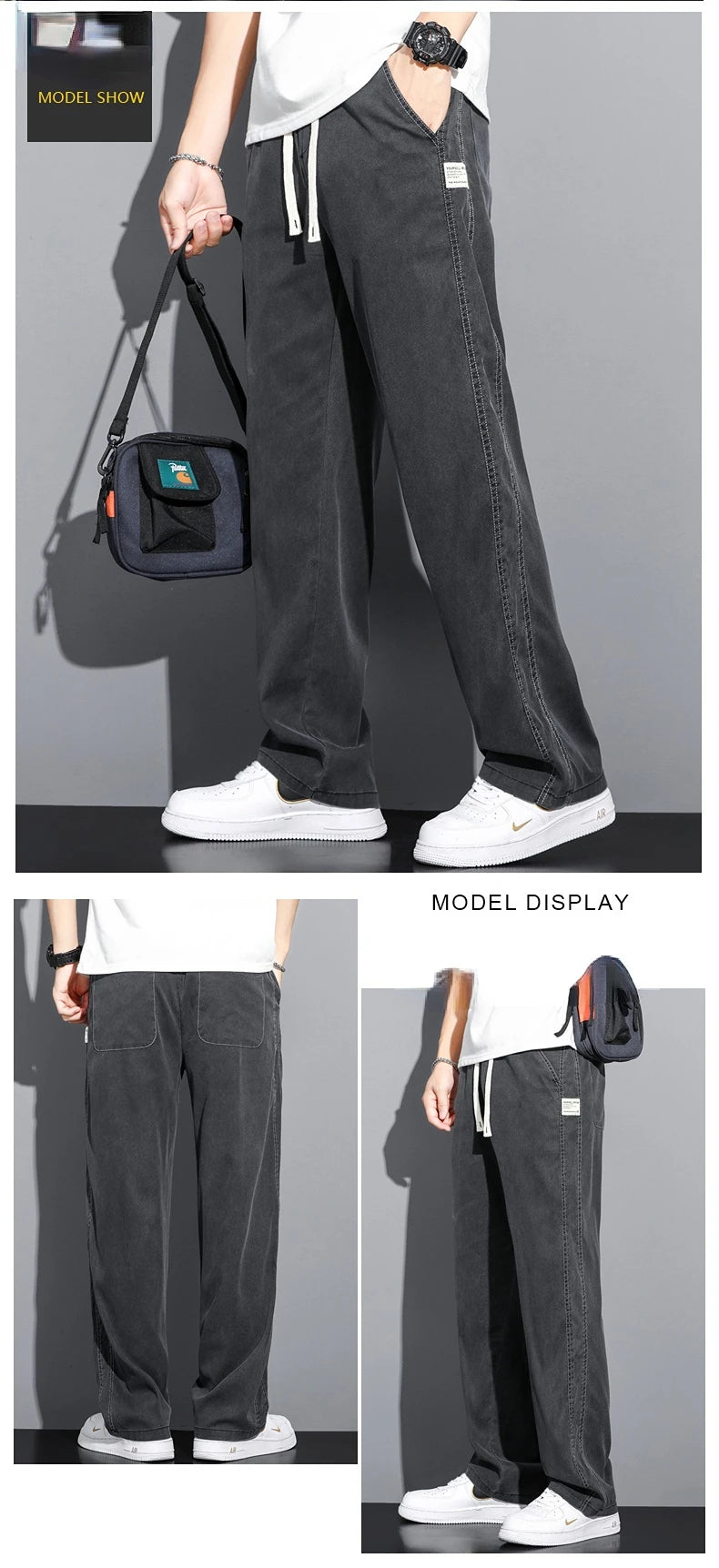 High Quality Summer Lyocell Fabric Men's Jeans Thin Straight Pants Drawstring Elastic Waist Korea Casual Trousers Plus Size