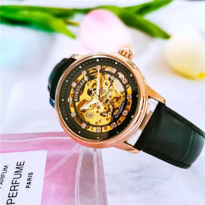 Augas Genuine Cut Out Diamond-Encrusted Fully Automatic Mechanical Watch for Women, Fashionable and Simple Luminous Waterproof Watch for Female Students, a Trendy for Her Best Gift, Without Battery